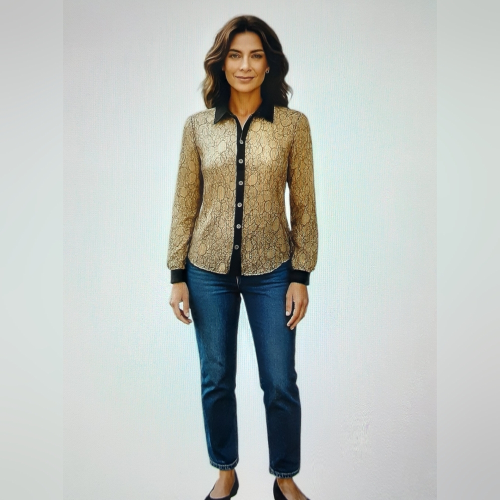 ISSI Sheer Elegance Gold Lace Black Sequin Button-Up Blouse NWOT